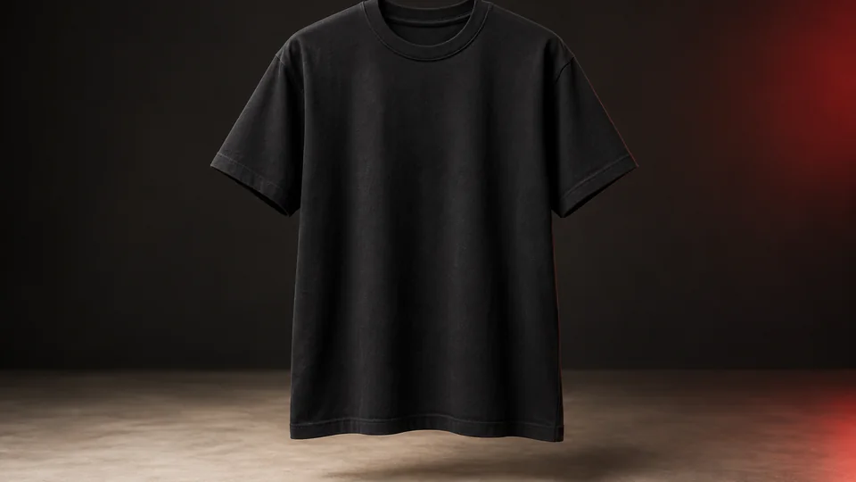 Mockup conceptual de una camiseta negra sin gráfica ni producto final revelado.